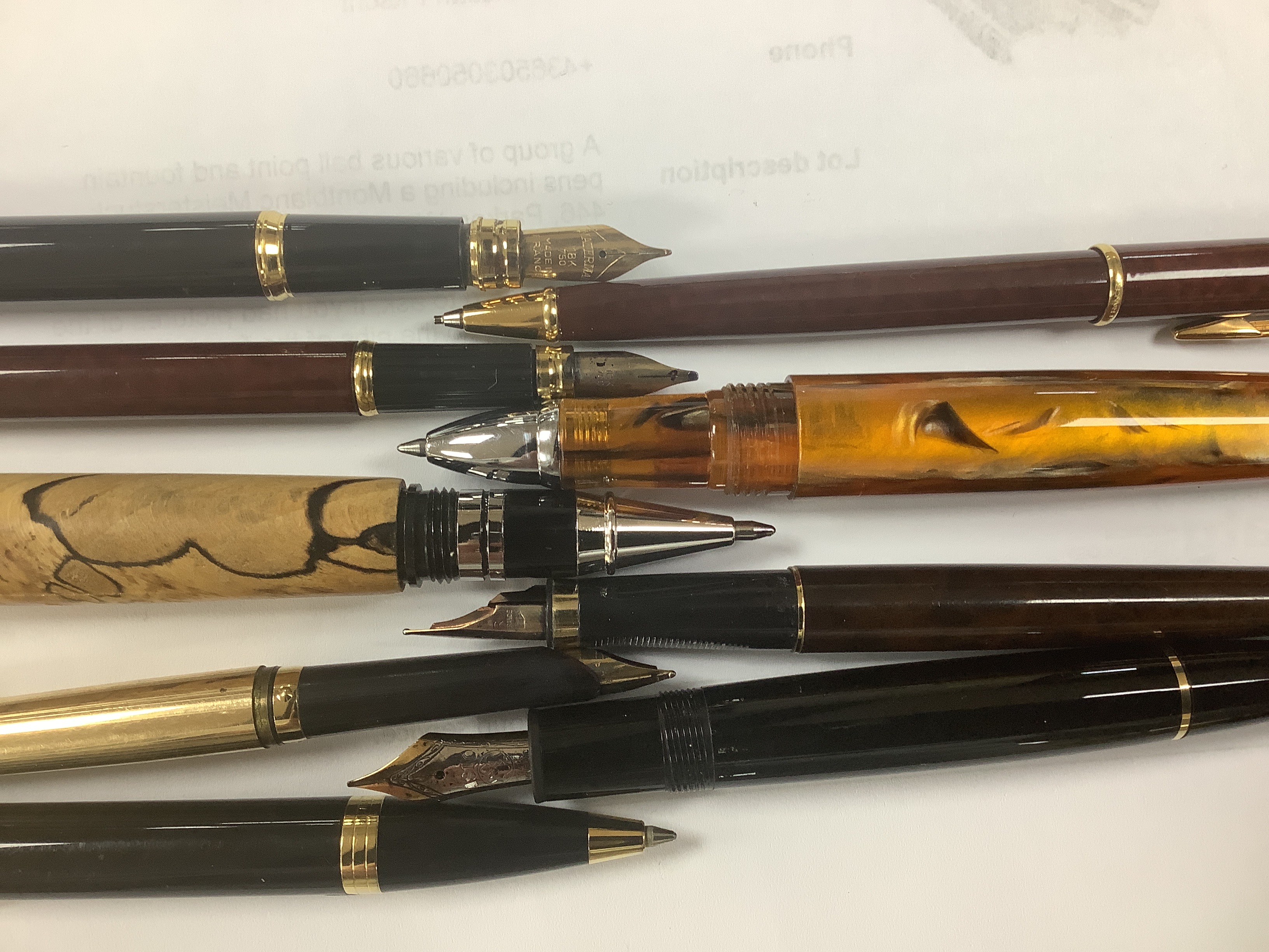 A group of various ball point and fountain pens including a Montblanc Meisterstuck 446, Parker, Watermans etc.